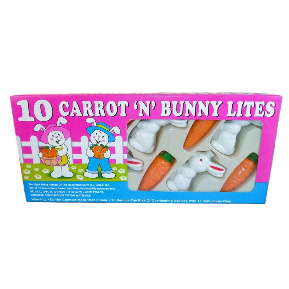 Vintage Easter - Carrot n Bunny 10 Lites Blow Mold String Lights New Old Stock
